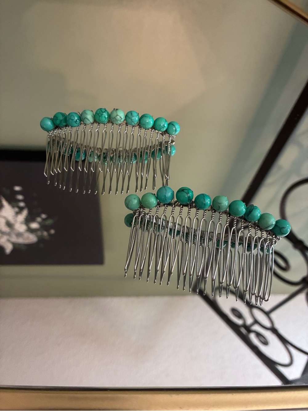 Turquoise Beaded Hair Combs - Pair